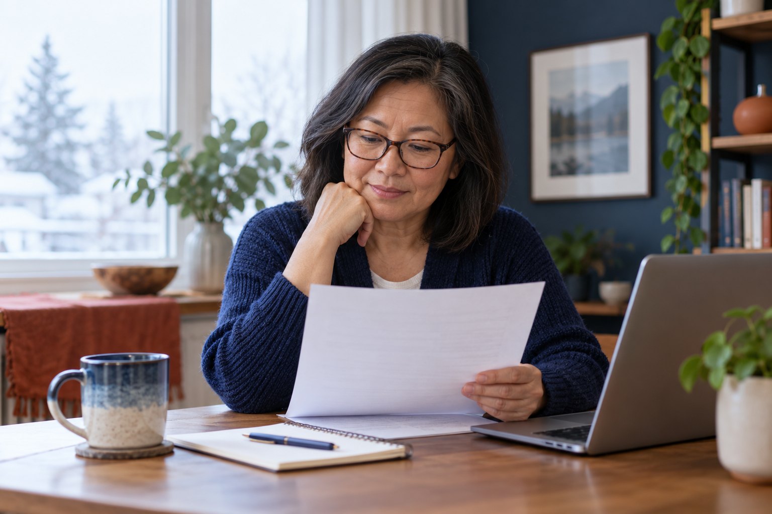 A woman reading a document at home. Illustrative photograph.